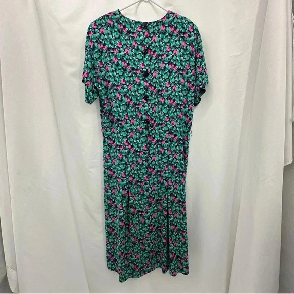 Annabelle Croft Vintage Midi Dress 12 Green Pink Short Sleeve Button Zip Closure - Picture 2 of 10